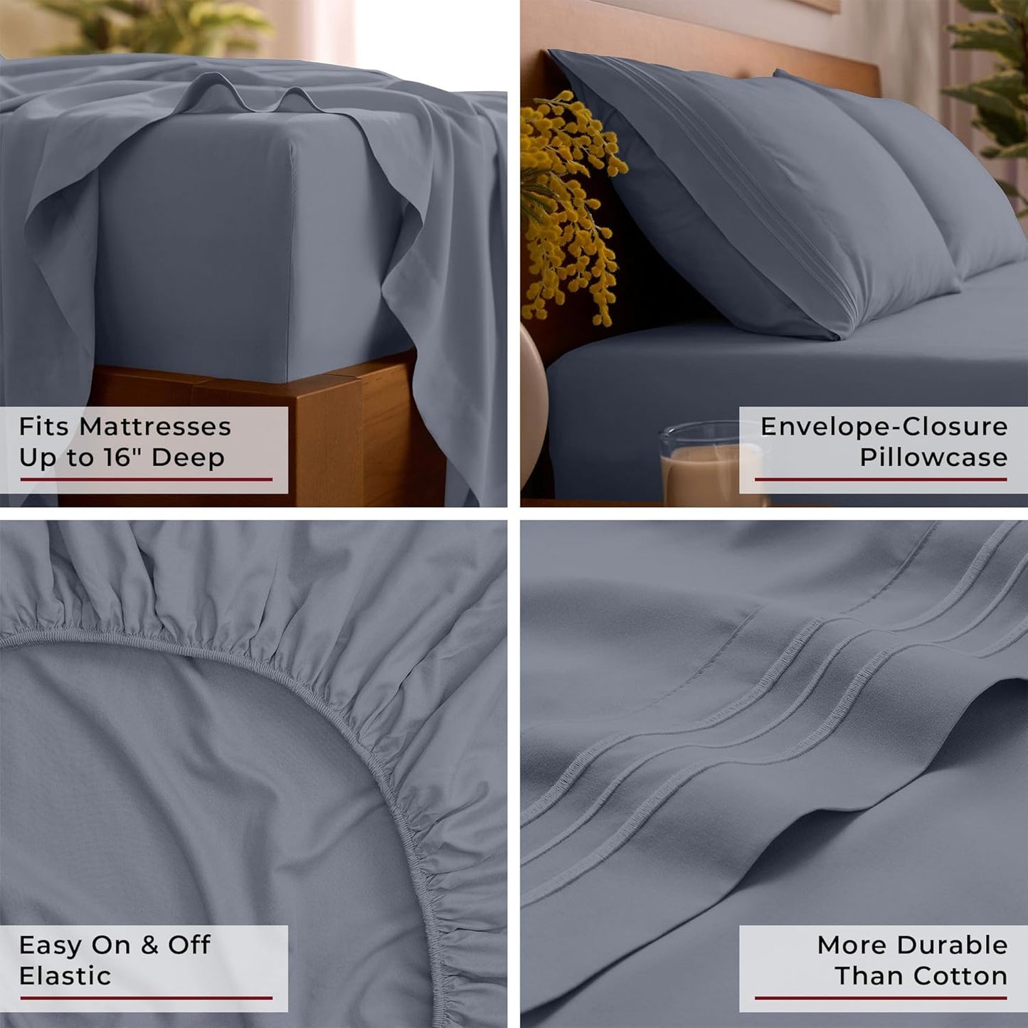Mellanni Full Sheets Set - 4 PC Hotel Luxury Bedding | Extra Soft, Cooling, Wrinkle & Stain Resistant (Full, Mineral Gray)