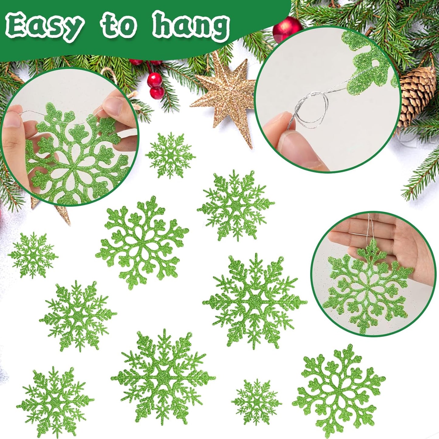 Skiennix 36-Piece Christmas Lime Green Snowflake Ornaments - Festive Hanging Decor for Winter Wonderland
