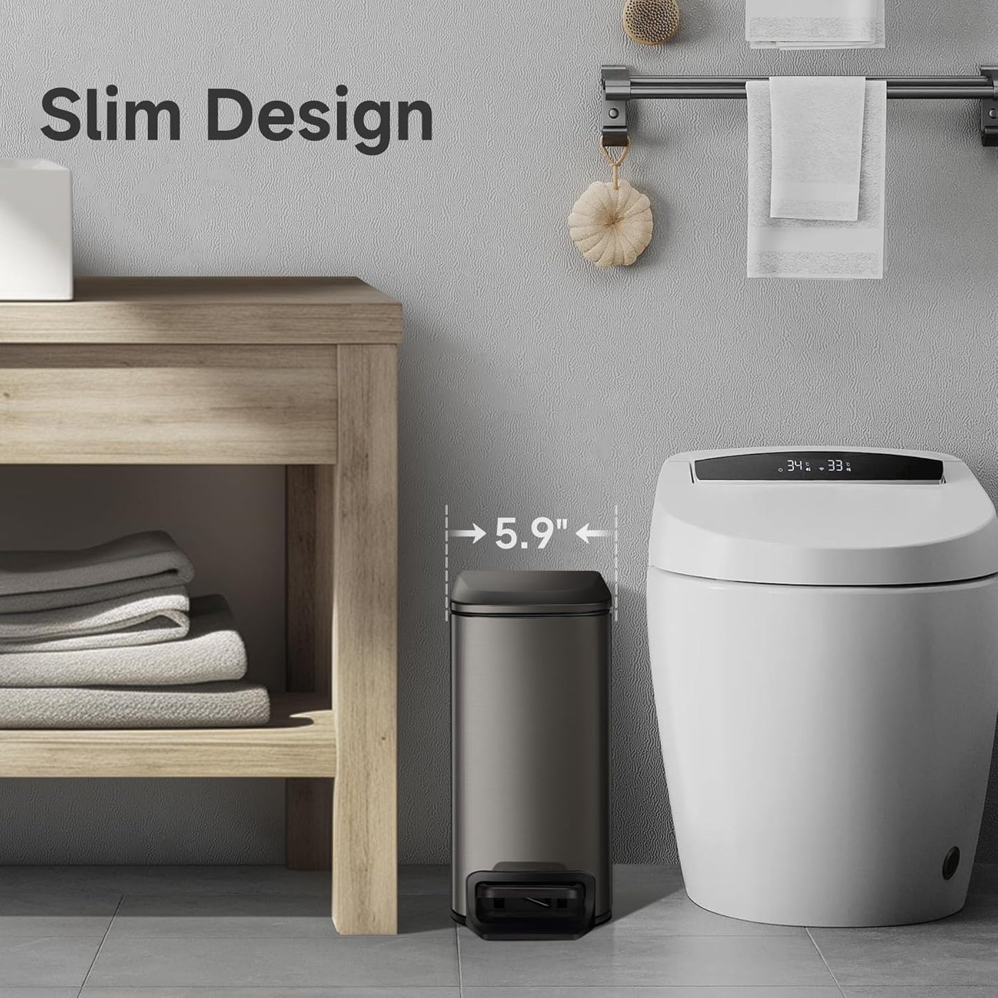 TIPGO Slim Bathroom Trash Can - Soft Close Lid, 6L Stainless Steel with Removable Inner Bucket | Black Gold