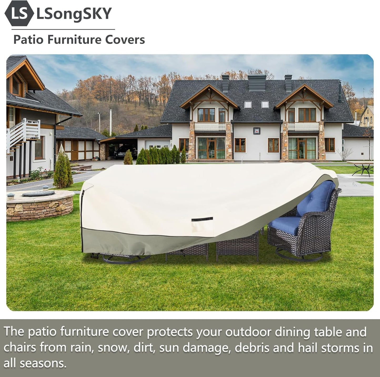 Skiennix Waterproof Outdoor Furniture Covers - Heavy Duty 600D Protection for Dining Table & Chairs | Beige 111L x 74W x 28H Inch