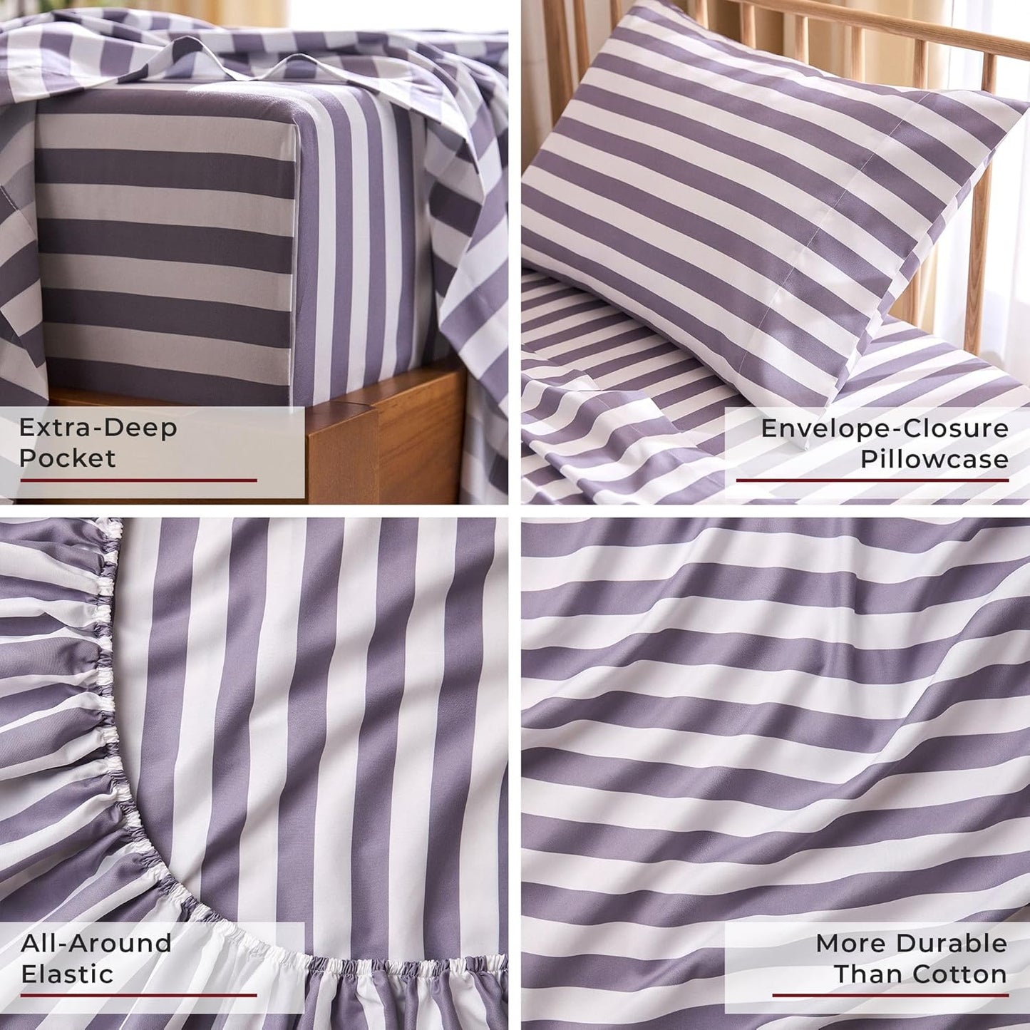 Mellanni Twin Sheets Set - 3 PC Hotel Luxury Bedding | Extra Soft, Cooling, Wrinkle-Resistant (Oxford Stripe Hazy Lilac)