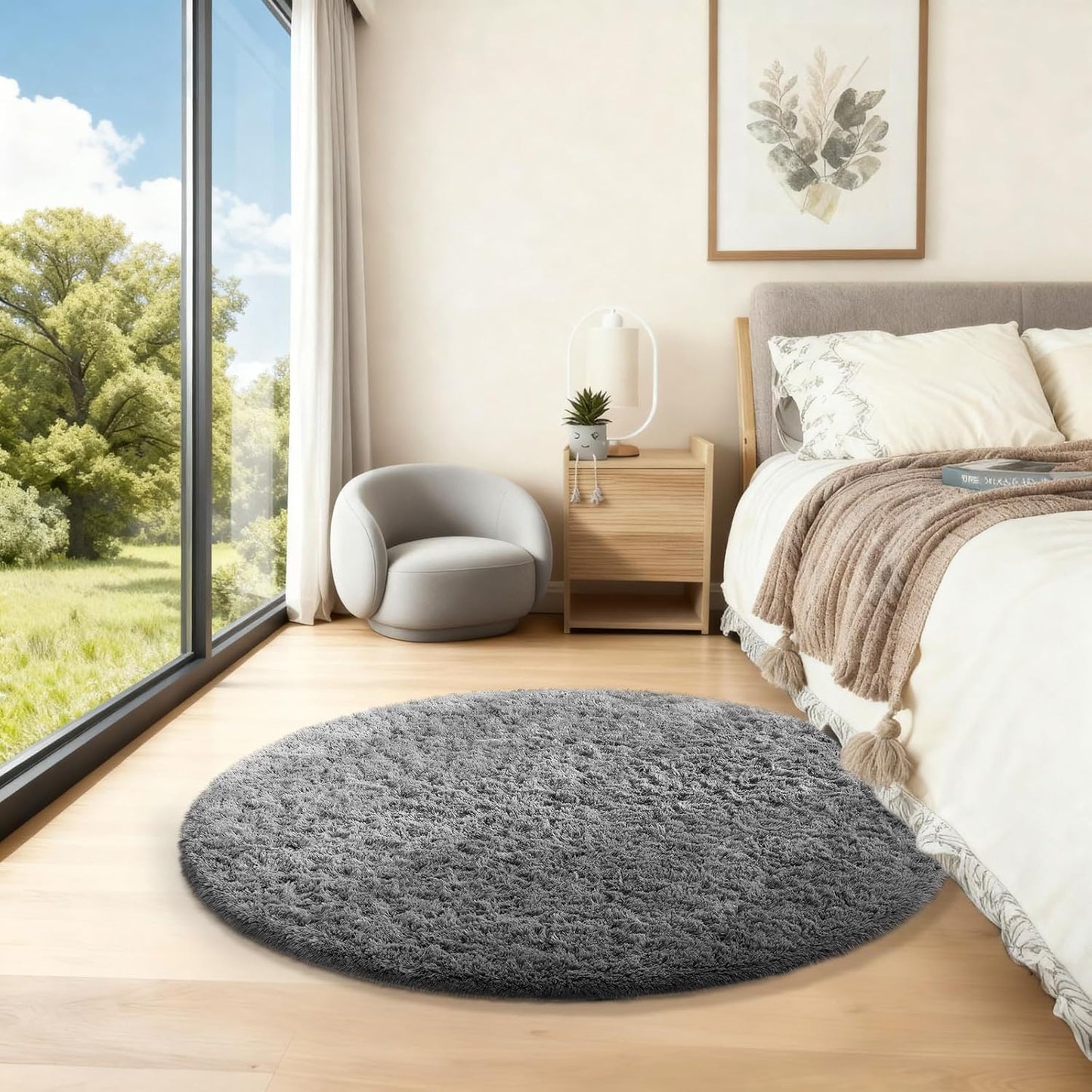 Ophanie Round Rug - Fluffy Grey Circle Area Rug for Bedroom | 3Ft Plush Shag Carpet for Kids & Teens