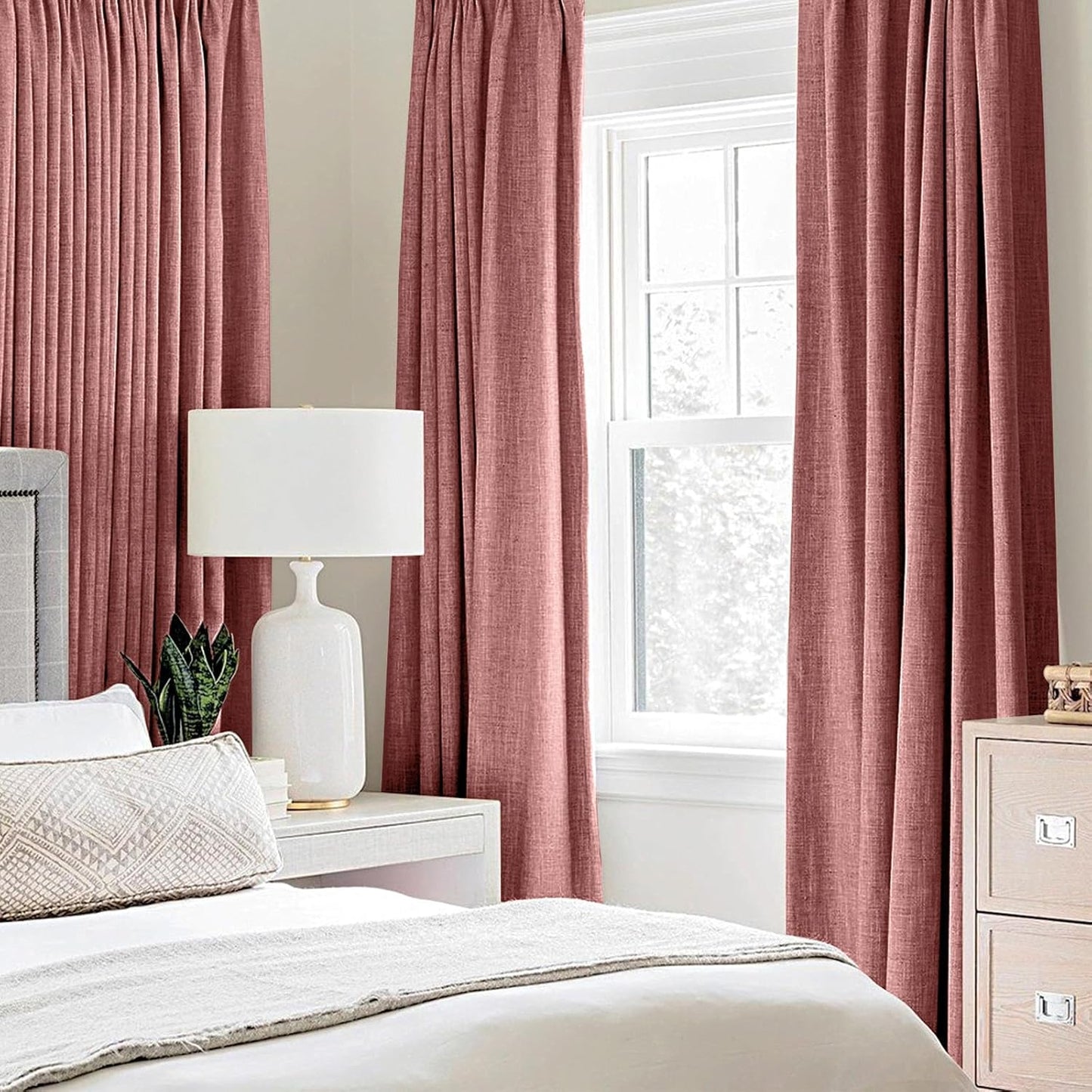 MIULEE 100% Blackout Linen Textured Curtains - Thermal Insulated Dusty Rose Drapes | 52 x 120 Inch (2 Panels)