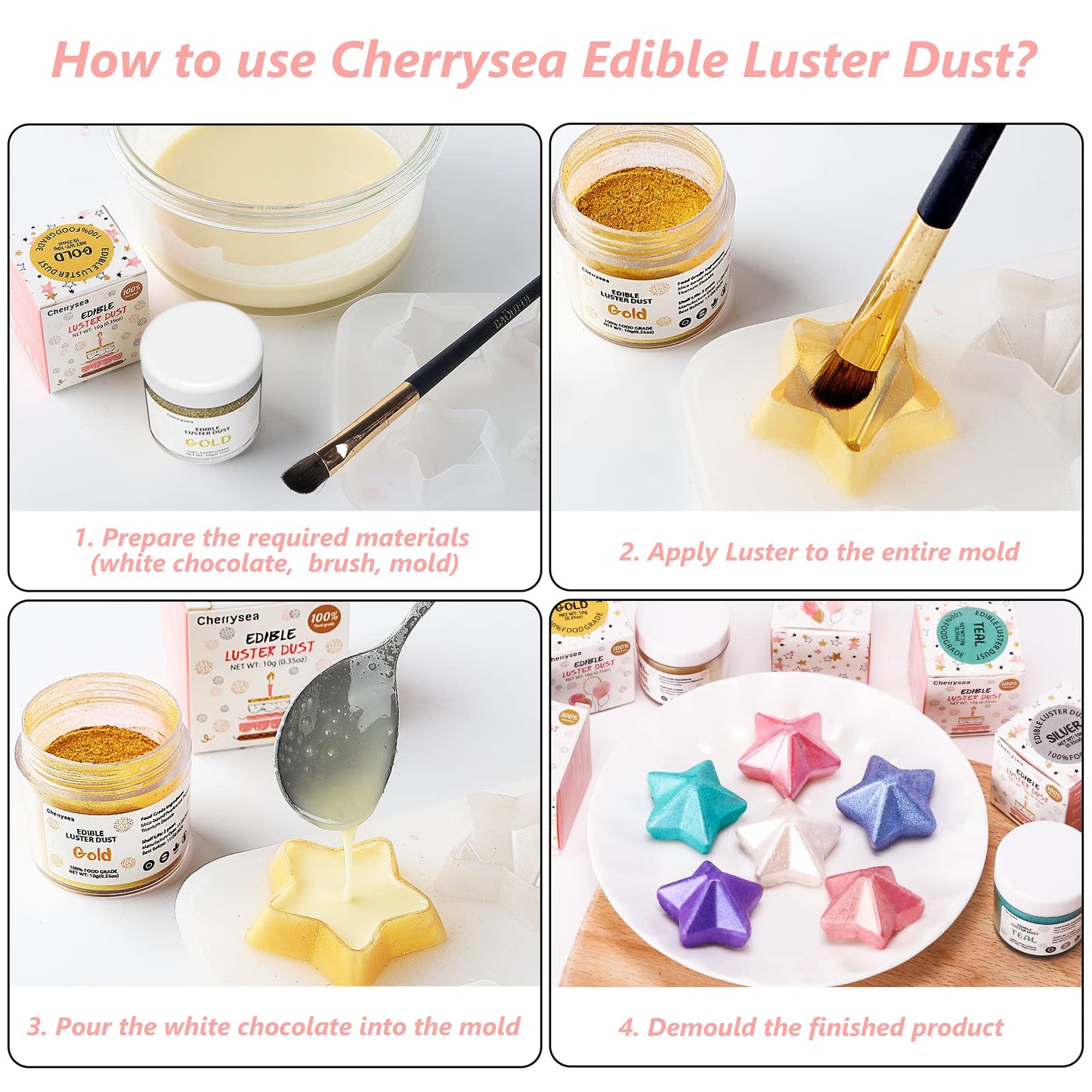 Pink Edible Luster Dust 10 Grams, Food Grade Cake Luster Dust Tasteless Dessert Dusting Powders for Baking Cherrysea Food Coloring Powder for Cupcakes, Cake Pops,Fondant,Chocolate, Candy
