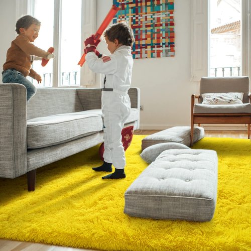 Amearea Shag Fluffy Area Rug for Bedroom Girls Living Room, Extra Soft and Fuzzy Shaggy Rugs, Non Slip, Solid Color Carpet Mat for Boys Nursery Home, Yellow 5x8 Feet