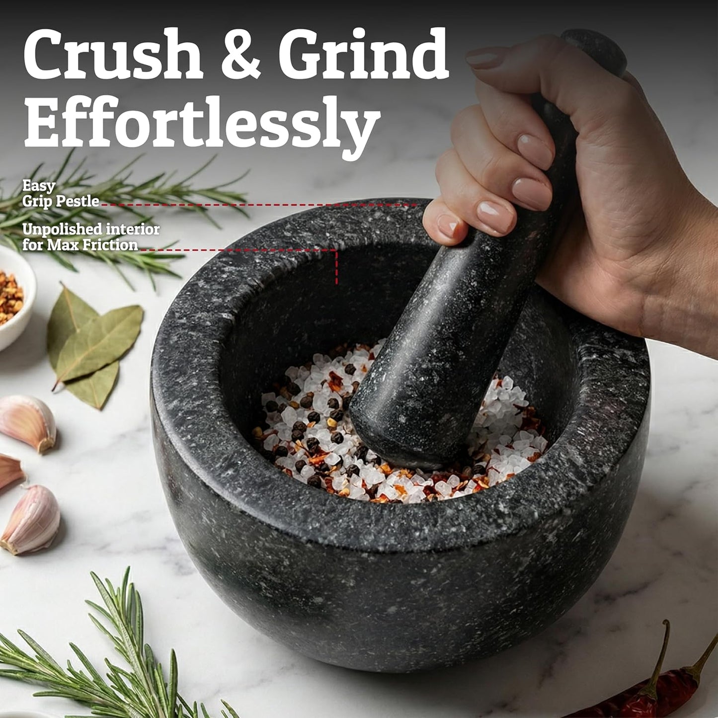 Priority Chef Heavy Duty Granite Mortar and Pestle Set - 2 Cup Capacity, Non-Slip Base, 6.3 Inch Black