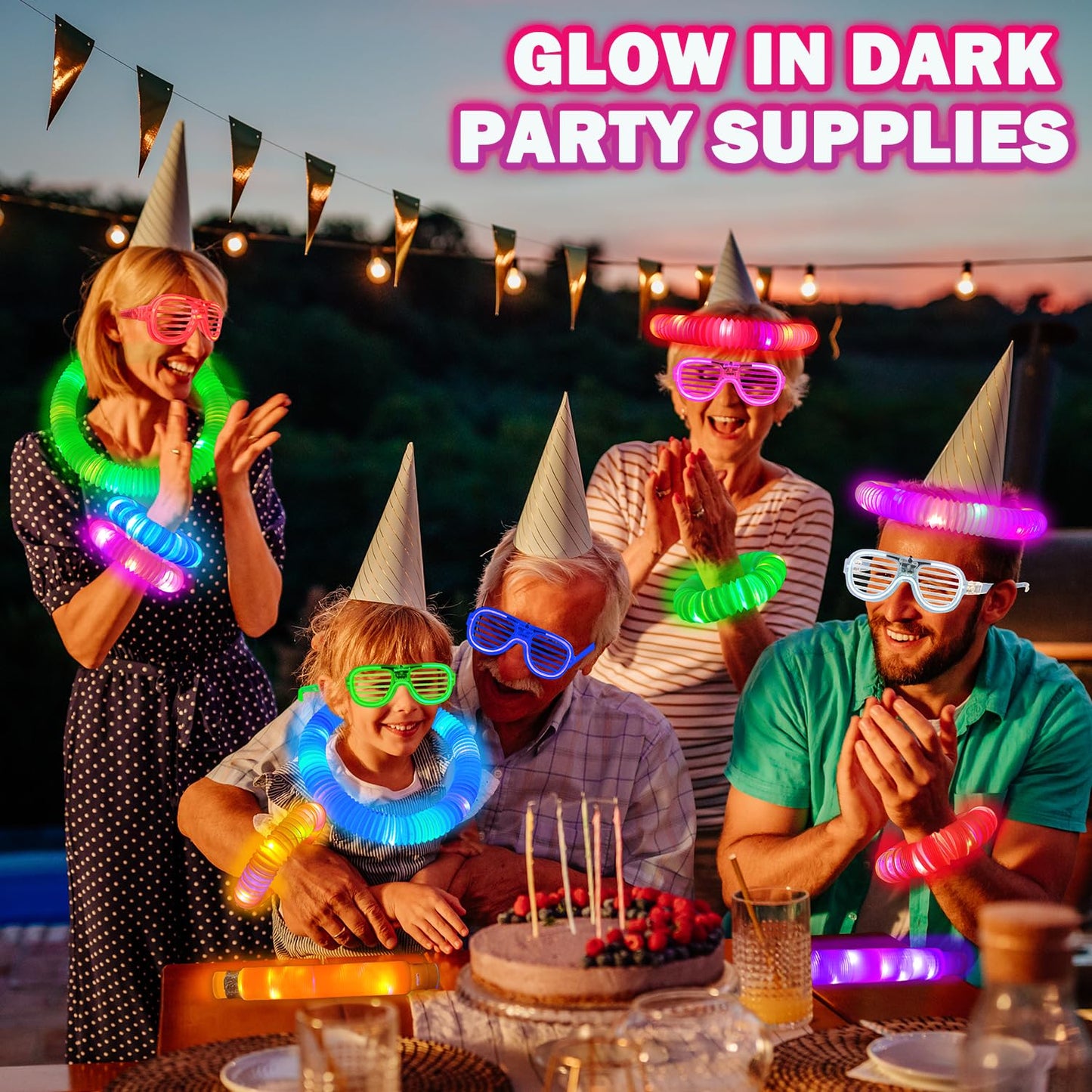 Glow in the Dark Party Favor Supplies for Kids 24 PCS, Glow Sticks & Neon Glasses for Toddler, LED Light Up 4th of July Toy Bracelet Necklace Accessories Decor for 250th Anniversary Camping Wedding