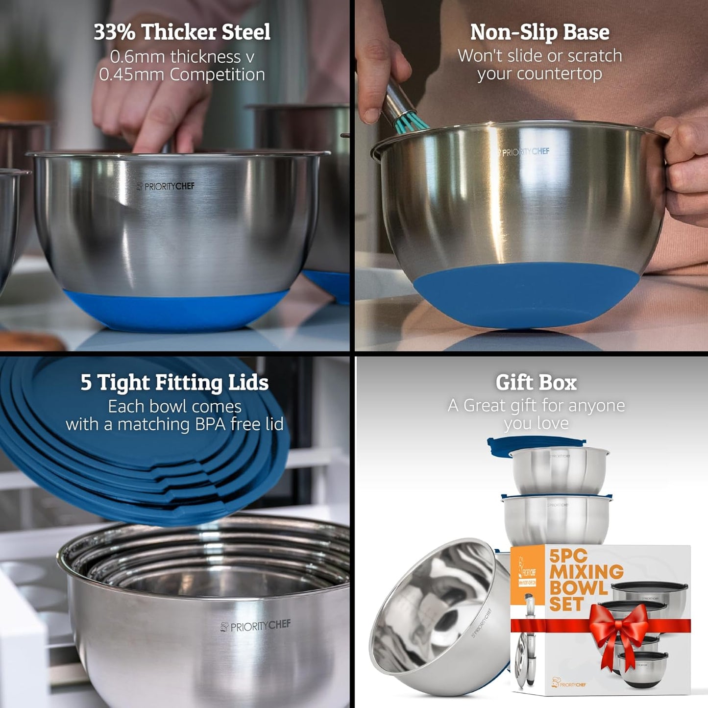 Priority Chef Premium Mixing Bowls - Airtight Lids Set, Durable Stainless Steel, Nesting Design | 1.5-5 Qt, Blue