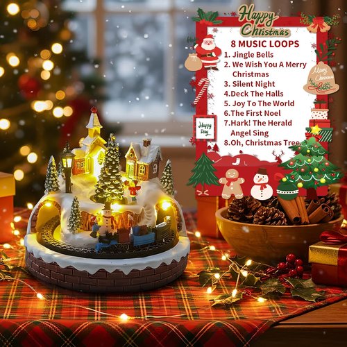 Christmas Village Decoration - Spinning Train & Tree, Musical Collectible with LED Lights & Timer Function