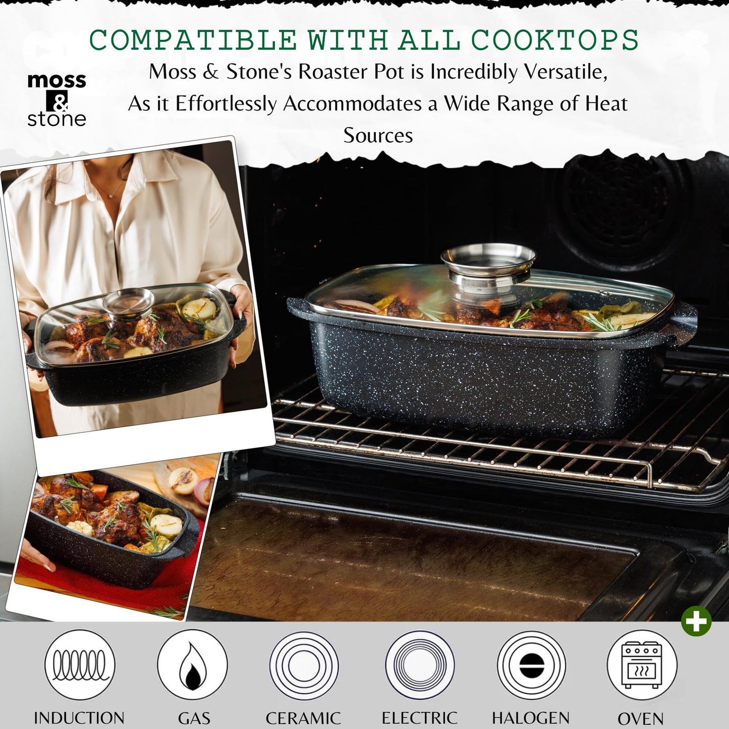 Moss & Stone 12 Inch Large Skillet With Lid, 5 Quart Saute Pan With Lid, Dishwasher & Oven Safe Skillet, Double Handled Nonstick Deep Frying Pan With Non Toxic Stone Coating, PFOA Free Everyday Pan