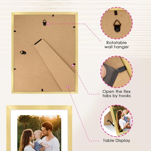 FIXSMITH 8x10 Picture Frame Set of 2 - Gold Collage Frames for Tabletop or Wall Display | HD Plexiglass