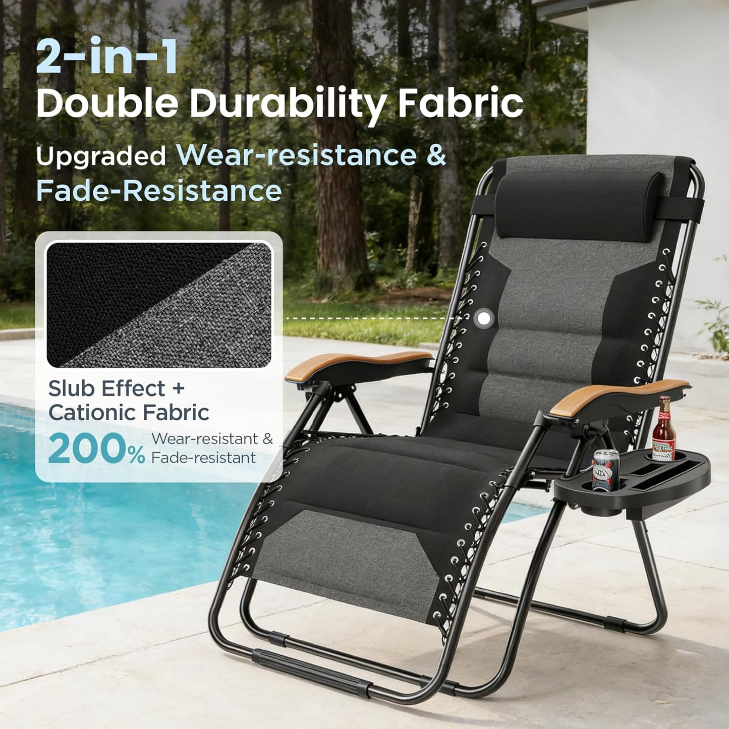 PHI VILLA XXL Oversized Padded Zero Gravity Chair - Foldable Patio Recliner with Cup Holder | Supports 400 LBS (Black)