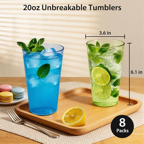 Freshmage 20oz Colorful Plastic Drinking Glasses - 8 Pack, BPA-Free, Shatter-Proof & Stackable Tumblers