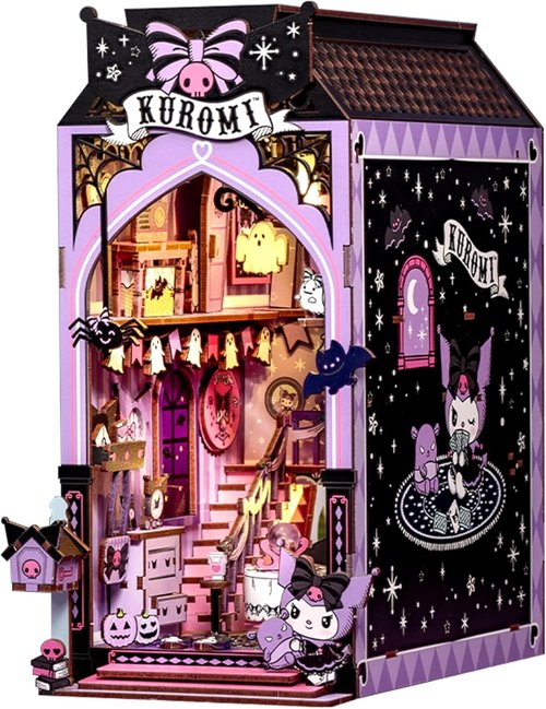 Hands Craft Kuromi Spooky House DIY Book Nook Kit - Official Sanrio Miniature Shelf Insert with Touch LED - 283-Piece 3D Puzzle for Adults & Teens