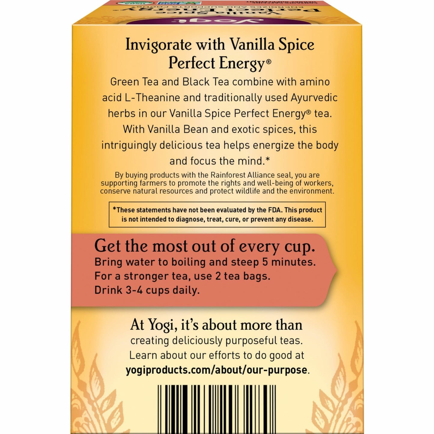 Yogi Tea Vanilla Spice Perfect Energy - 16 Bags per Pack (4 Packs) - Organic Vanilla Energy Tea - Focus Tea - Includes Green Tea, Black Tea, Ashwagandha, L-Theanine & More