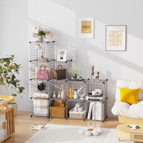 C&AHOME Wire Cube Storage - 12-Cube Organizer with Modular Metal Grids | Ideal for Home & Office, Silver Gray 36.6”L x 12.4”W x 48.4”H