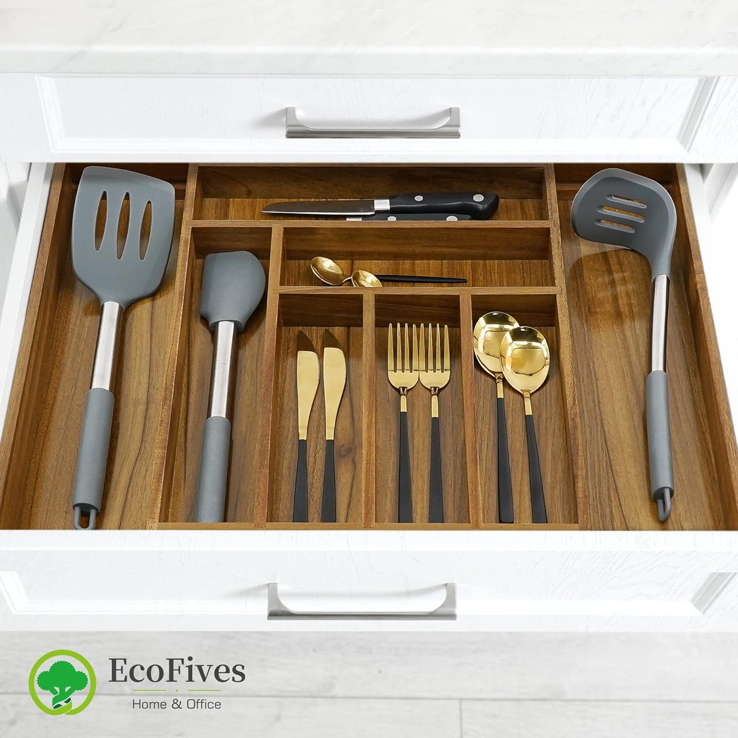 Luxury Acacia Kitchen Drawer Organizer - 8-Slot Silverware and Utensil Holder with Grooved Dividers | 17 x 12.4 x 2 Inch