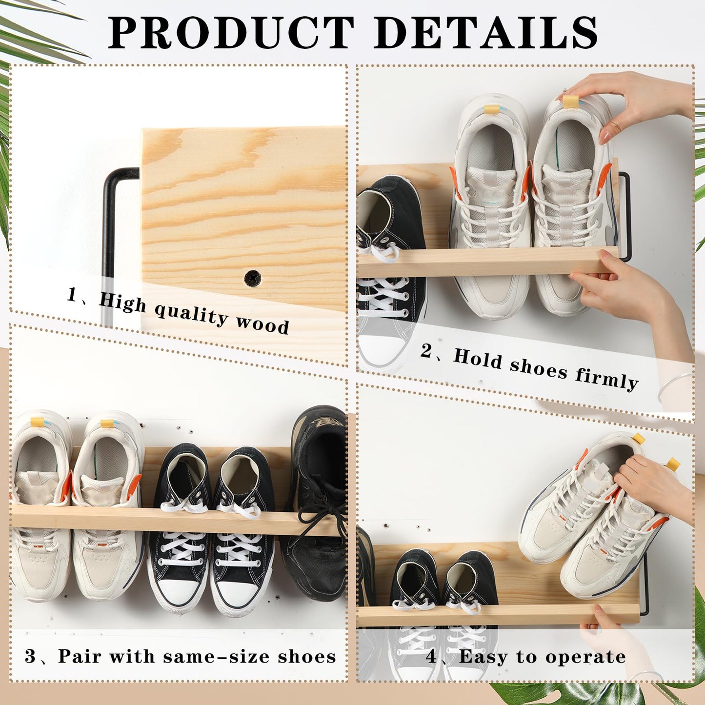 Mifoci 2 Pcs Wall Mounted Shoe Rack Organizer Wooden Modern Compact Wall Space Saving Shoe Holder Storage for Sneaker Footwear Slipper Boots Entryway Narrow Spaces Hallway(28.35'' Long)