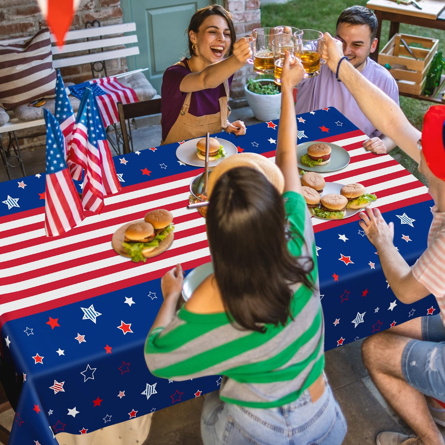 QZYL 4 Pack 4th of July Decorations, 54" x 108" USA Plastic Table Cloth, Tear Resistant Patriotic Tablecloth Fourth of July Tablecloths American Tablecover, Red White Blue Party Supplies
