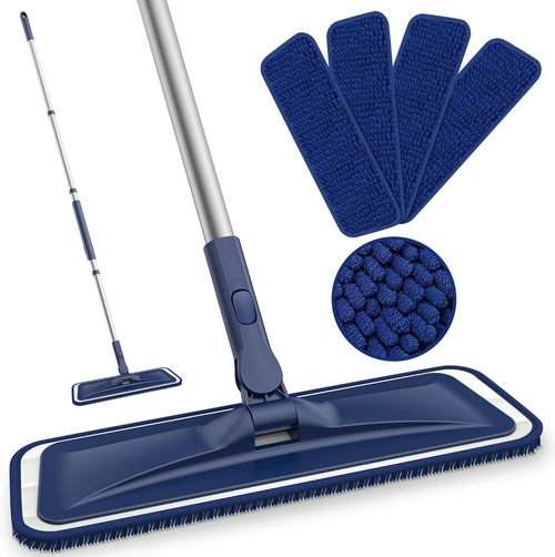 BPAWA Microfiber Flat Floor Mop - Versatile Wet/Dry Cleaning for Hardwood, Tile & Vinyl | 4 Washable Chenille Pads