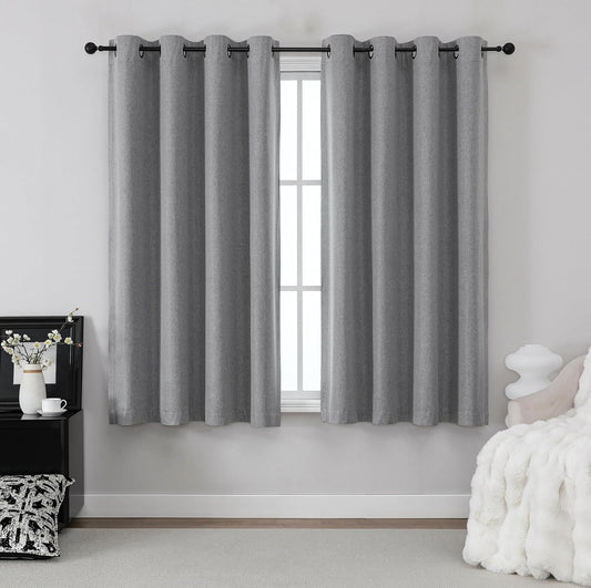 THOOO 100% Blackout Curtains - Natural Linen Textured Grommet Panels | 63 Inch Length, Dark Grey for Bedroom & Nursery
