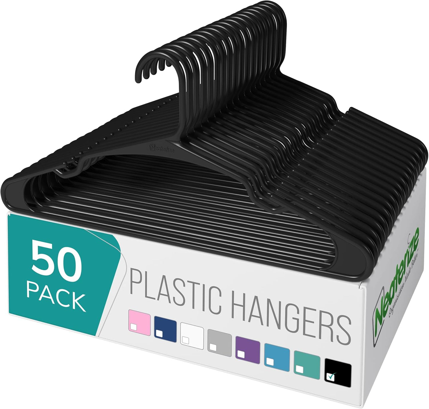 Neaterize Plastic Clothes Hangers - Space-Saving 50-Pack for Adults | Perfect for Coats & Closets - Black