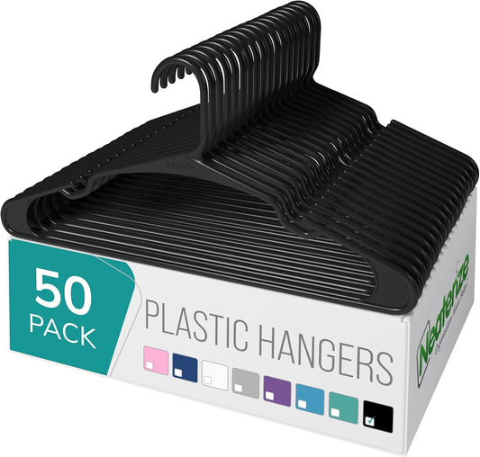 Neaterize Plastic Clothes Hangers - Space-Saving 50-Pack for Adults | Perfect for Coats & Closets - Black