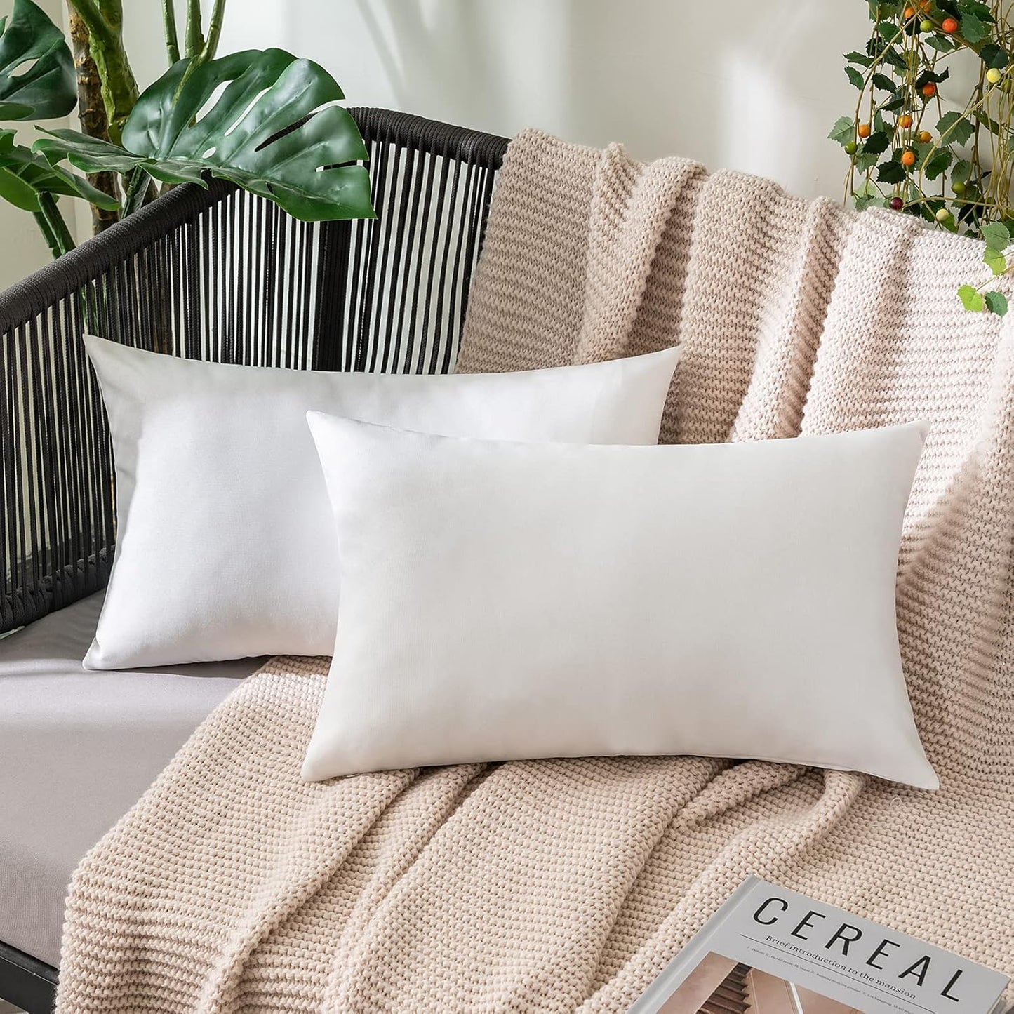 MIULEE Decorative Outdoor Throw Pillow Covers - Waterproof Faux Linen Cushion Cases | 20x12 Inch White (Pack of 2)