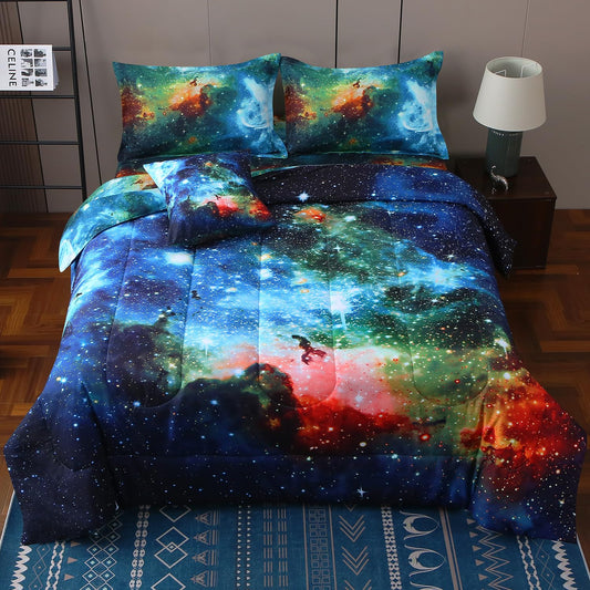 JQinHome Twin Galaxy Comforter Sets 6 Piece Bed in A Bag, Outer Space Themed Bedding for Children Boy Girl Teen Kids,1 Comforter, 1 Flat Sheet, 1 Fitted Sheet, 2 Pillowshams, 1 Cushion Cover(Blue)