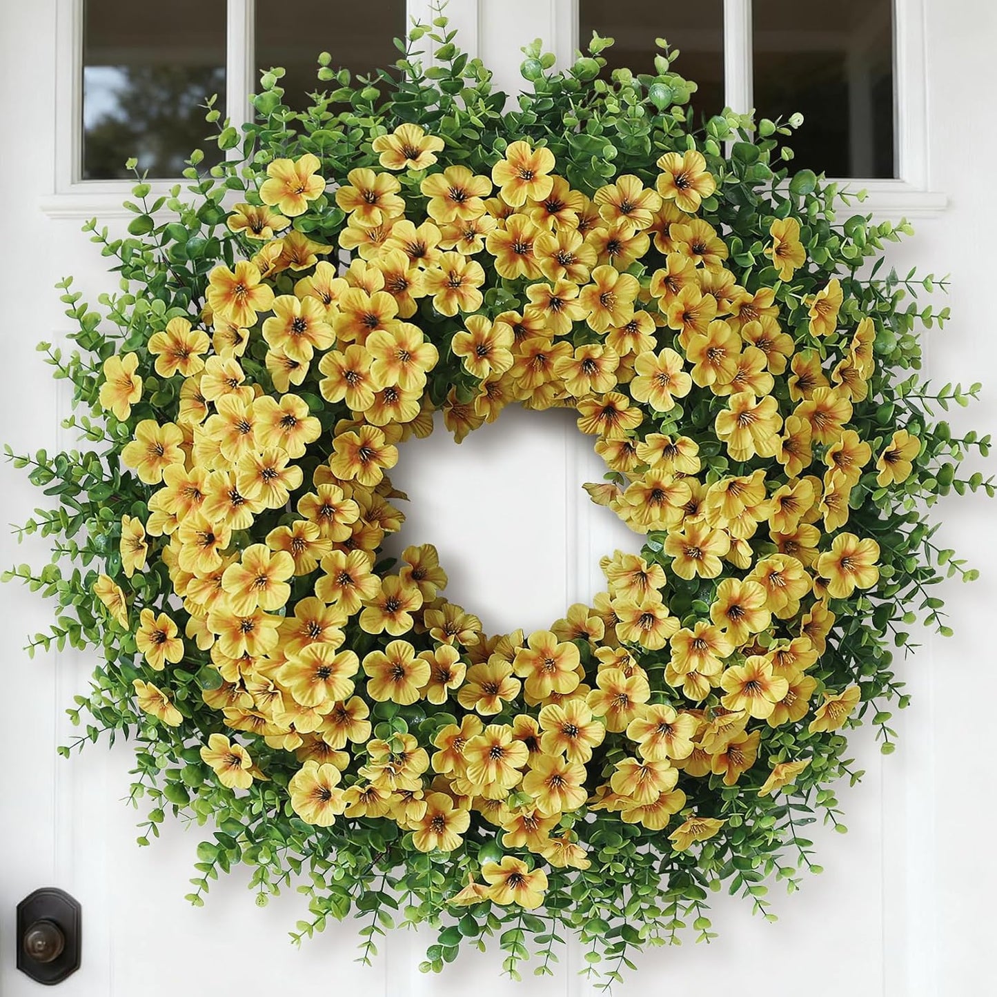 Skiennix 26" Large Artificial Eucalyptus Wreath - Realistic Faux Silk Morning Glory Flowers for Home & Wedding Decor (Yellow)
