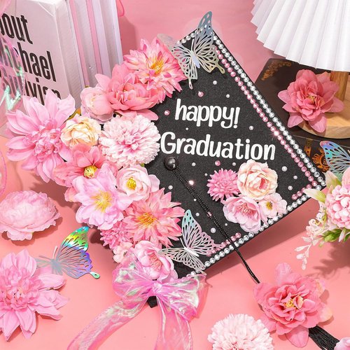 FYSUIMU Graduation Cap Decoration Kit - DIY Pink Grad Hat Toppers with Flowers & 3D Butterfly Stickers