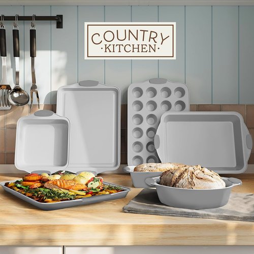 Country Kitchen Nonstick Bakeware Set - Heavy Duty & Easy Release | 10-Piece Silver Set