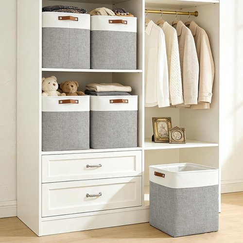 Bagnizer Large Fabric Storage Baskets - 50L Decorative Linen Bins with Handles for Home & Office | Grey & White, 17x12x15 Inches