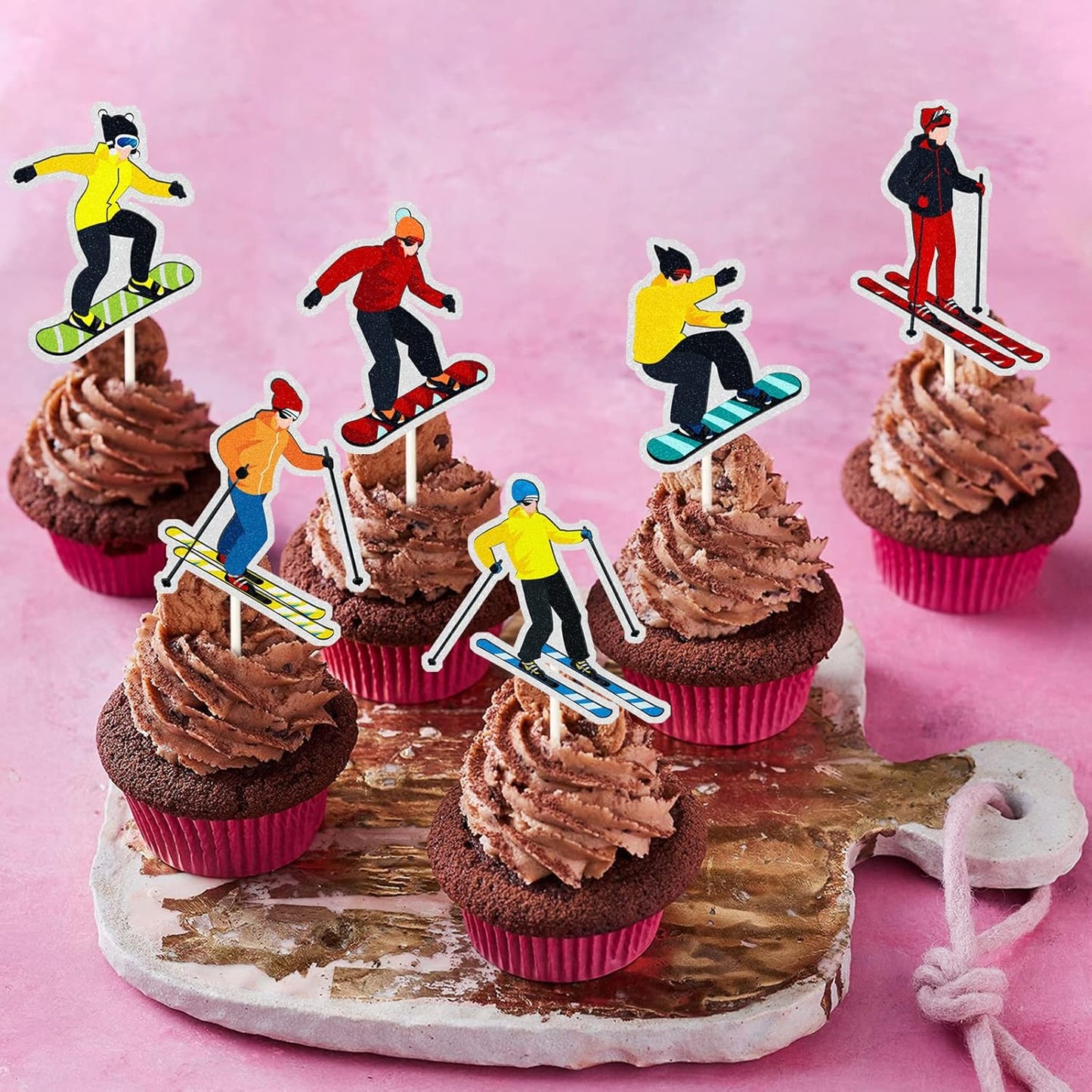 Skiennix Ski Theme Cupcake Toppers - Rainbow Glitter Decorations for Birthday Parties | 18 PCS