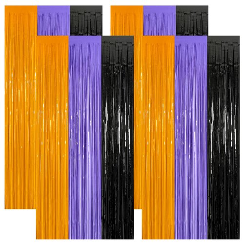 4 Pack Halloween Decorations, 3.28 FT x 7.05 FT Orange Purple Black Party Streamer, Funny Photo Backdrop Foil Curtains Fringe Tinsel, Halloween Door Decor Party Supplies Indoor