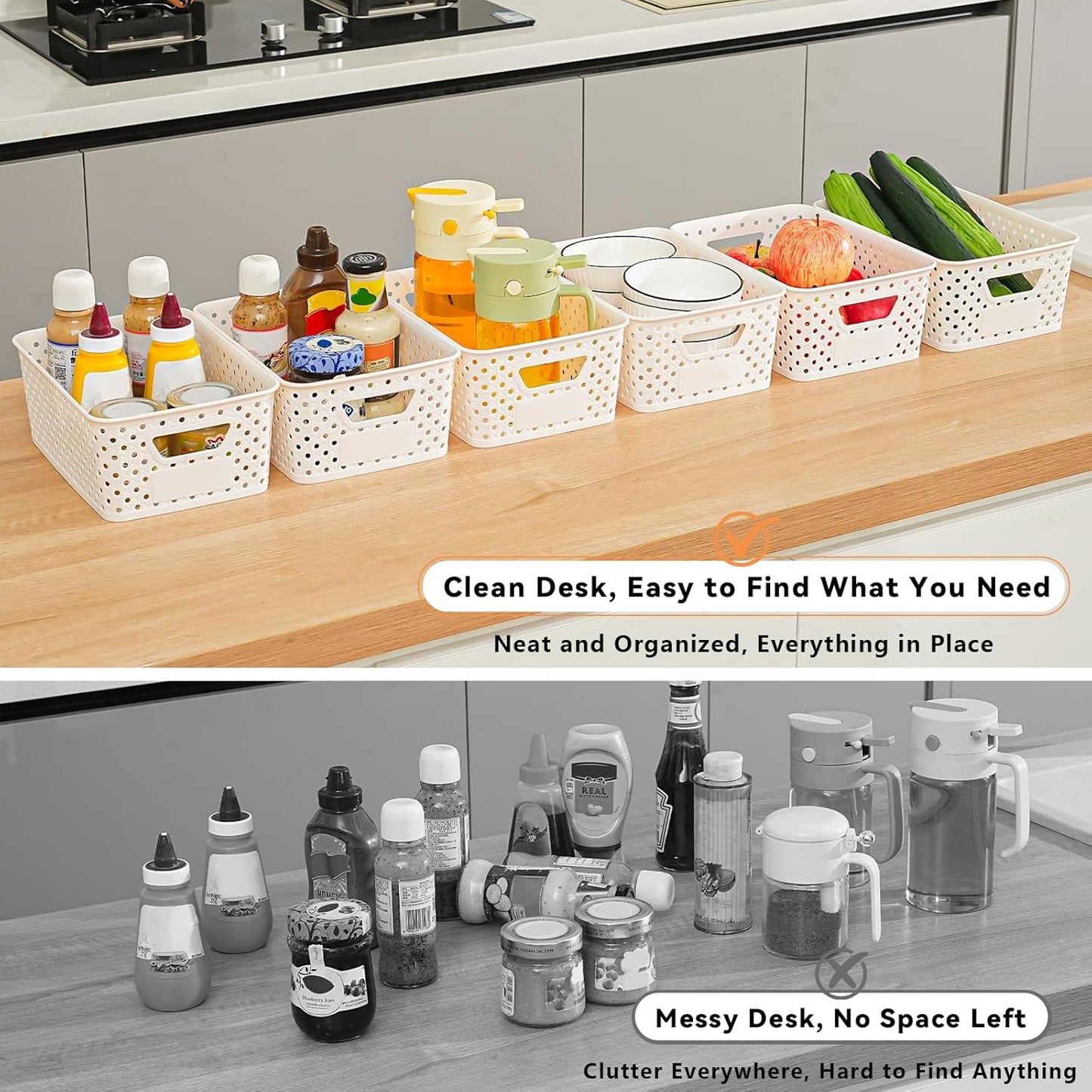 12 Pack Plastic Storage Baskets by [Brand Name] - Versatile Organizers with Handles & Labels for Cabinets, Closets, and Offices
