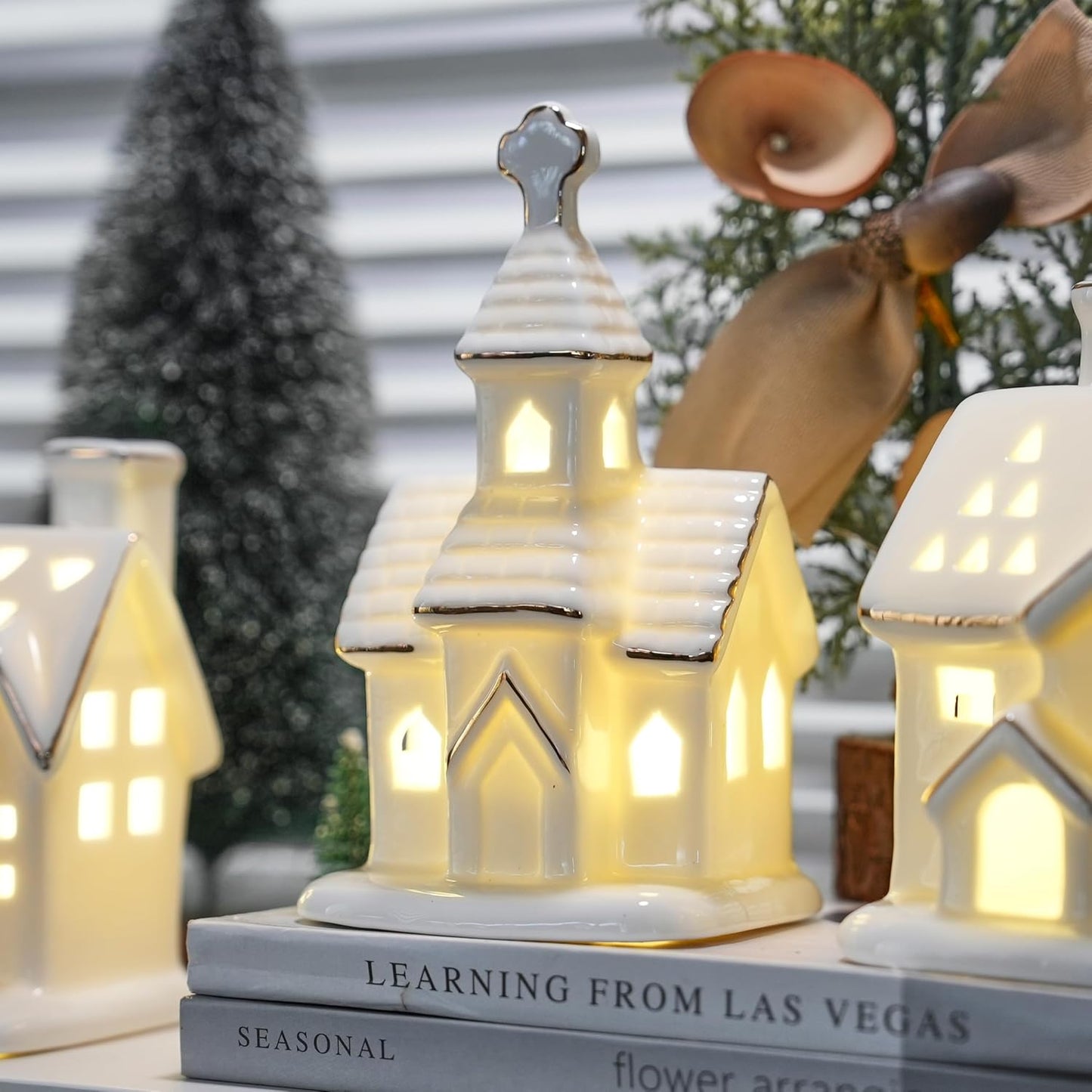 Regine Switzerland White Christmas Village Houses - 3Pcs Glazed Ceramic Set with Trees | Light Up Holiday Decor