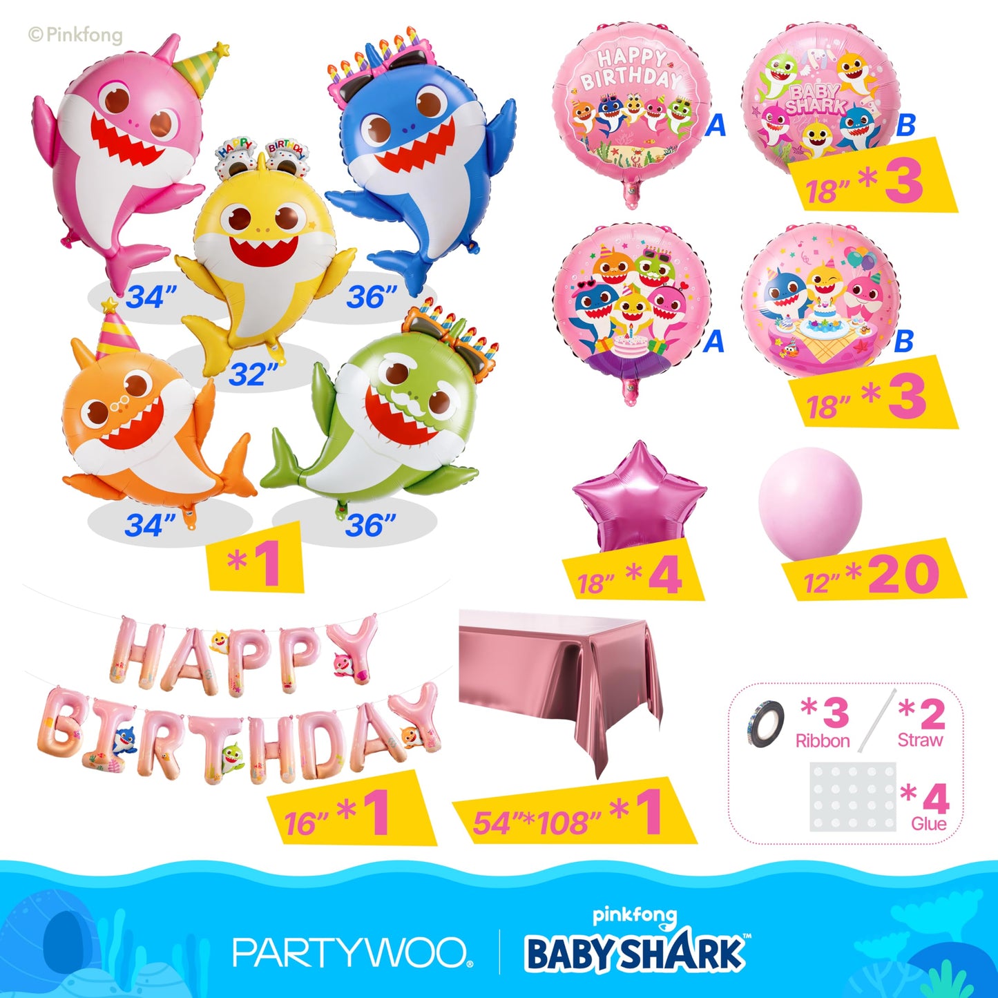 PartyWoo Baby Shark Family Foil Balloons 37pcs Baby Shark Family Pink Round Star Mylar Happy Birthday Letter Balloons for Boys and Girls Under the Sea Kids Birthday Party Decorations