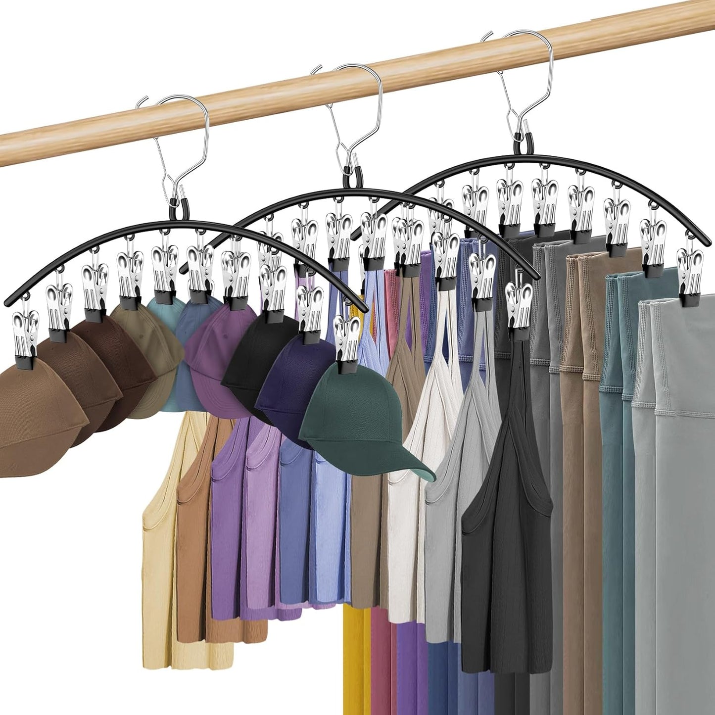 Skiennix 3-Pack Skirt Pants Hangers - Space-Saving Closet Organizer with 10 Clips for Leggings & Shorts | Black
