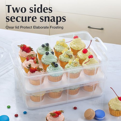 Gencywe Plastic Cupcake Carrier 24 Count, 2-Layer Cupcake Holder Carries with Lid & Handles, Cookie, Cake, Cupcake and Brownie Storage Carrier, Reusable Cupcake Box