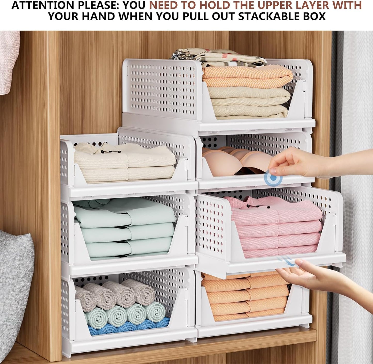Skiennix Folding Closet Organizers - Stackable Storage Bins for Home & Office | White, 4-Pack