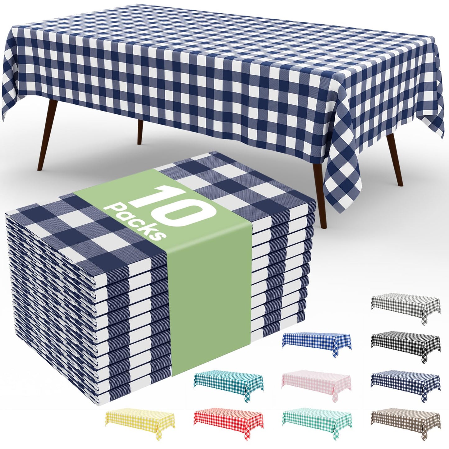 Smiry 10 Pack Navy Gingham Disposable Tablecloths - 54" x 108" Heavy Duty Plastic Table Cloth, Waterproof Buffalo Plaid Table Covers for Picnic, Banquets, Outdoor Parties