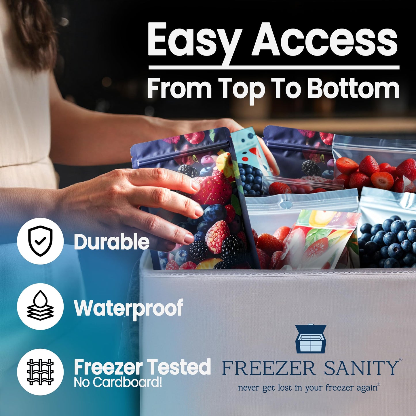 FREEZER SANITY The Original Chest Freezer Organizer Bins, Stackable Storage Organizers, Deep Freezer Dividers, Handles, Heavy-Duty, Waterproof (Large 19x14x9)