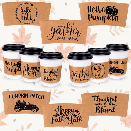 Whaline 36 Pack Fall Coffee Tea Cup Sleeves Thanksgiving Kraft Paper Sleeves for 12 and 16oz Cups Disposable Corrugated Cup Paper Jacket for Hot Chocolate Cocoa or Cold Beverage, 6 Design