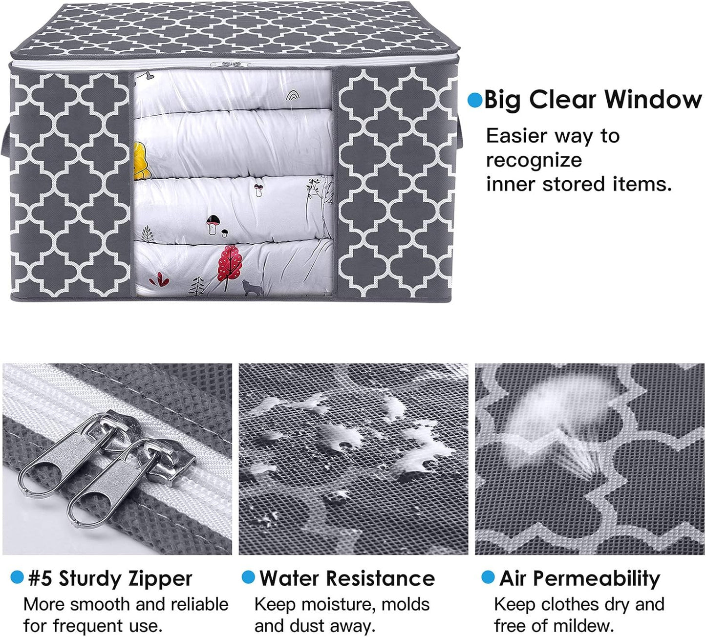 WISELIFE Storage Bags - Large Blanket and Clothes Organizer with Clear Window | Grey, 3 x 100L, Foldable Design