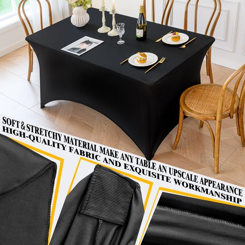 Famstar Table Cloth 2 Pack Black 6FT Spandex Tablecloth for Rectangle Fitted Table Cloths Stretch Covers Washable Wrinkle Free Tablecloths for Festival Camping Picnic Wedding Party