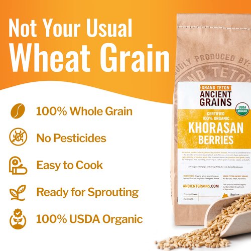 Grand Teton - Ancient Grains Khorasan Wheat Berries, 100% Organic Berries, Premium Food-Grade Khorasan Grain, For Milling, Sprouting, Baking, Salads, Pilafs, & Soups, 5 lbs
