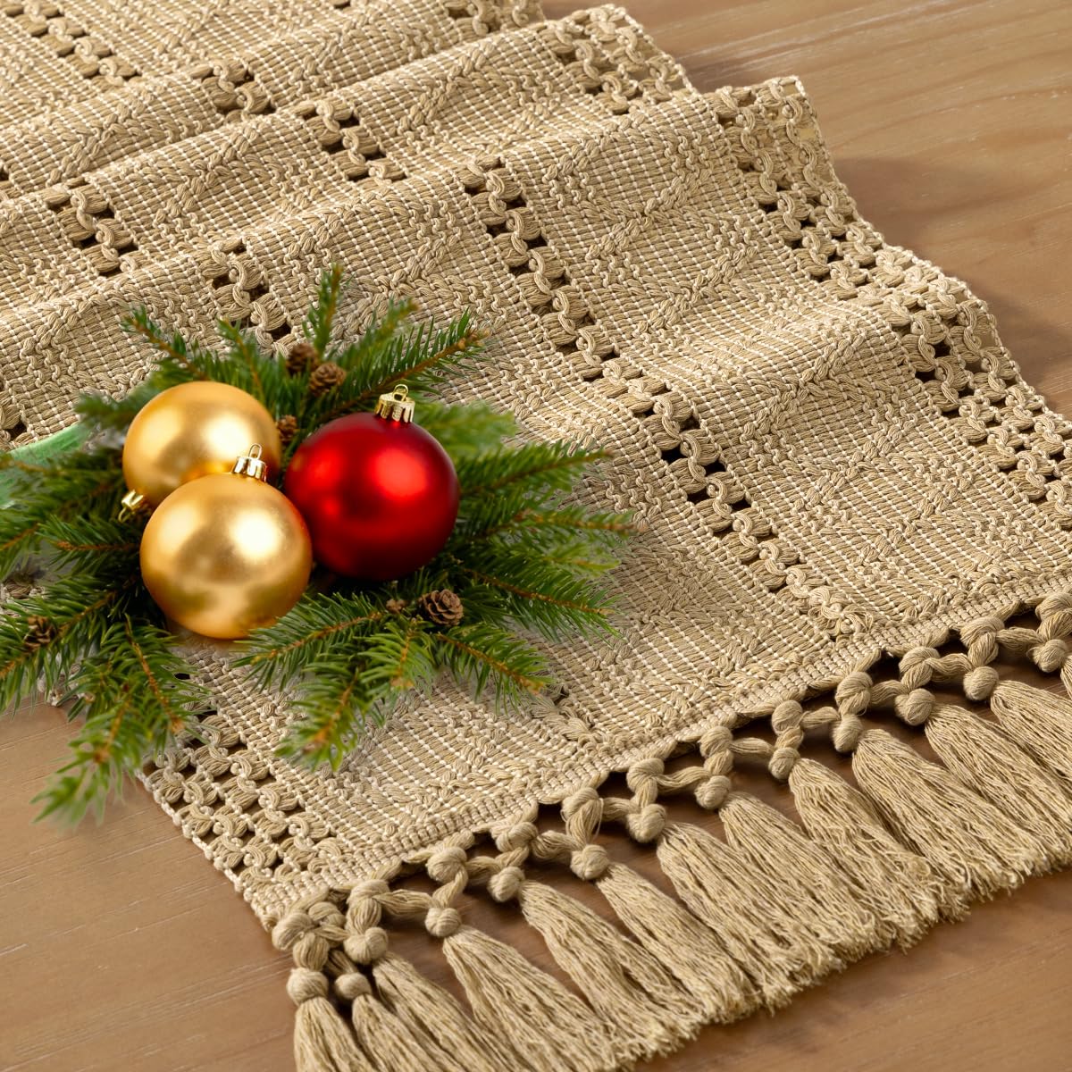 Socomi Boho Table Runner Macrame Summer Farmhouse Woven Cotton Linen Rustic Coffee Table Runner with Tassels for Small Dresser Scarf Home Decor Dining Room 12x72 inch Champagne