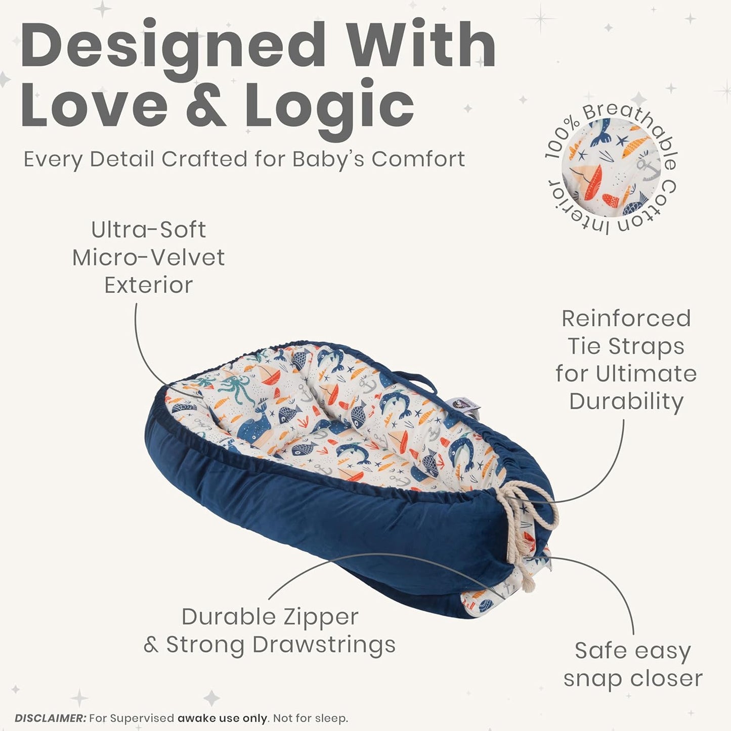 Skiennix Newborn Lounger - Flexible & Portable Infant Support Cushion in Blue | Soft 100% Cotton for Travel & Supervised Use