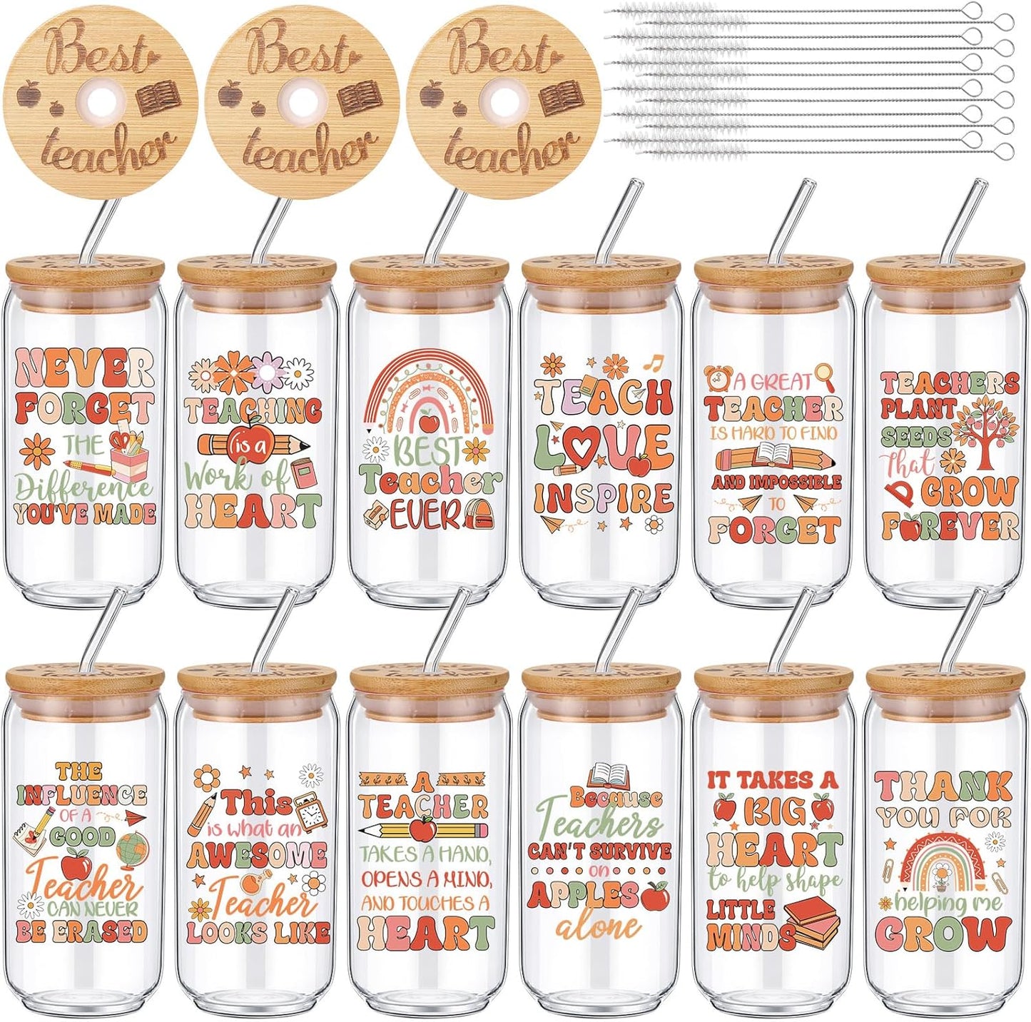 Tioncy 12 Pcs Positive Thank You Gifts for Women Appreciation Teacher Nurse Christian Religous Gifts 16oz Glass Cup with Bamboo Lids Straws Coffee Drinking Jars for Coworker